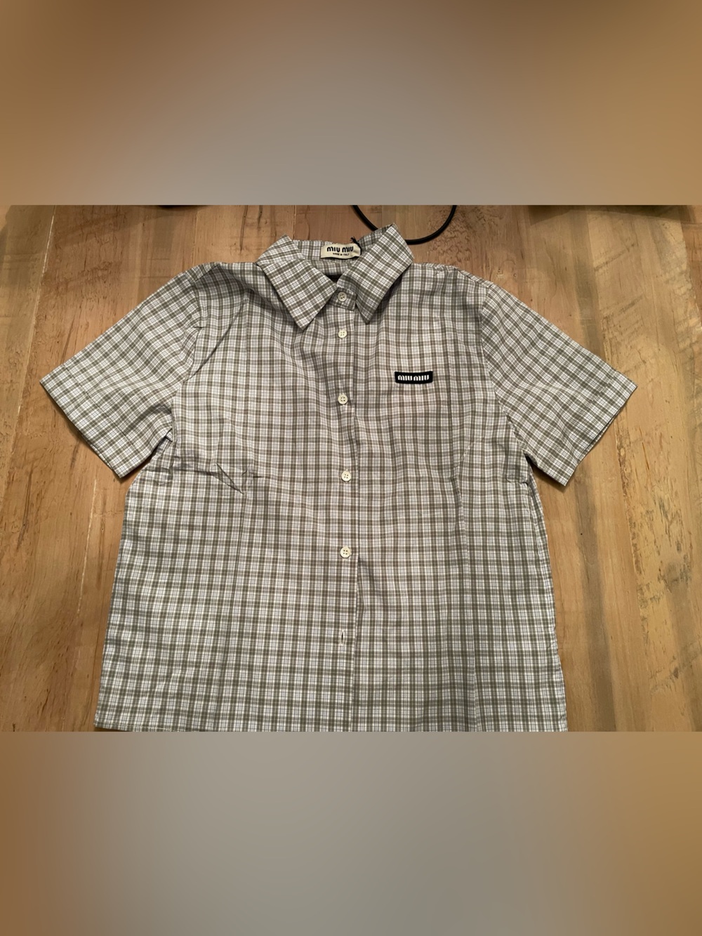 Miu Miu Short-Sleeve Gray Plaid Button-Down Shirt
